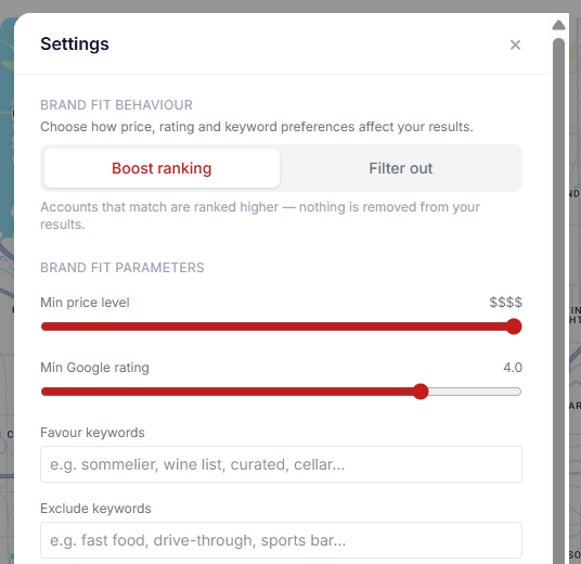 Account Finder settings screenshot: brand-fit behaviour toggle between boost ranking and filter out, minimum price level and minimum Google rating sliders, and favour/exclude keyword fields.